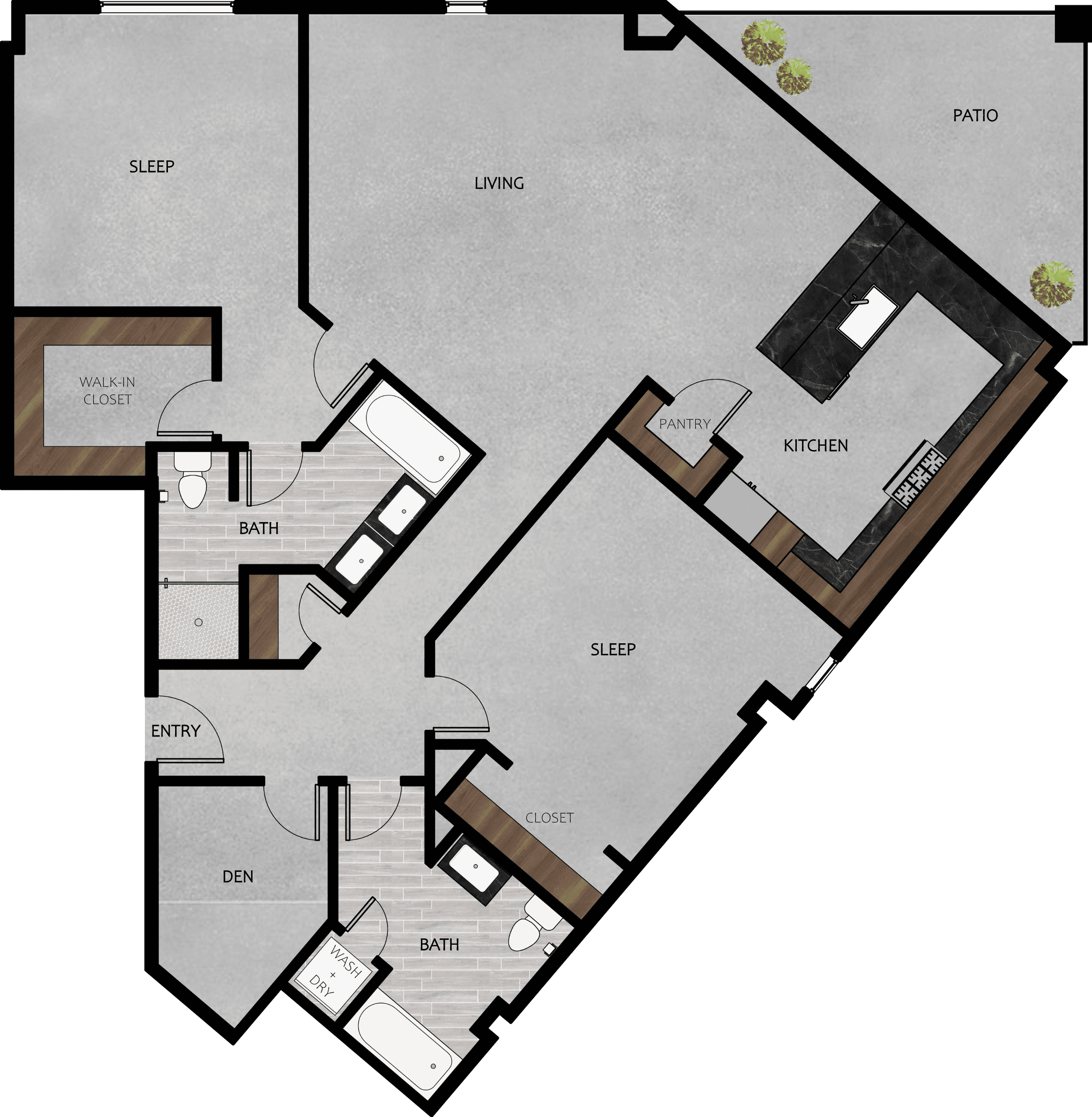 Floor plan of the deluxe two bedroom and den: two sleep areas, two baths, den, kitchen, living area and patio