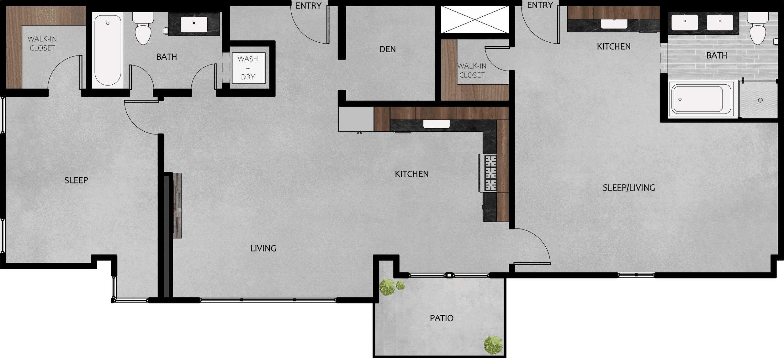Floor plan of the two bedroom and den: two sleep areas, two baths, kitchen and living area